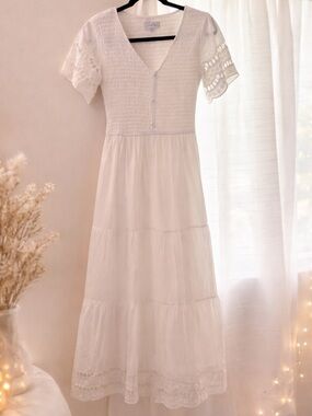 One Loved Babe White Maxi Dress with Lace Sleeves 🕊️